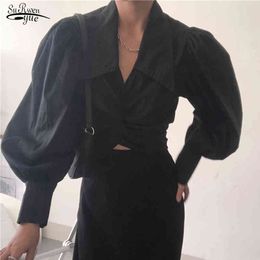 Elegant V-neck Lantern Sleeve White Black Vintage Blouse Korean Chic 2 Wearing Slim Sexy Short Long Shirt Female 12540 210521