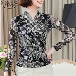Sexy V-neck Mesh Tops Casual Long Sleeve Lace Blouse Slim Print Autumn Clothing Blusas Mujer De Moda 6085 50 210506