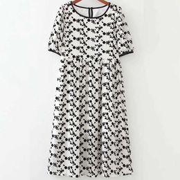 Black Dot Flocking Embellishment Summer Short Sleeve Women Casual Midi Dress Keyhole Back High Waist Chiffon 210604