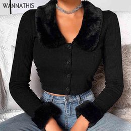WannaThis Black Long Sleeve Women Fluffy Turn-down Collar Button Autumn Women Shirt Warm Cropped Top Slim Elastic Casual Tops Y0508
