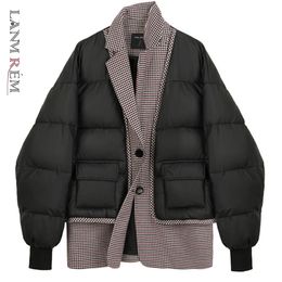 LANMREM Winter Turn-down Collar Plaid Patchwork Single-breasted All-match Stree Wear Black Cotton Padded Jacket 2A2947 210819