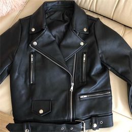 Ailegogo Women Spring Autumn Black Faux Leather Jackets Zipper Basic Coat Turn-down Collar Motor Biker Jacket With Belt 211108