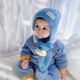 Baby Boys Girls Hat and Scarf Connected Set Winter Warm Children Kids Hats Caps Fruit Fur Ball Knitted Bomber Hats Scarves 210713