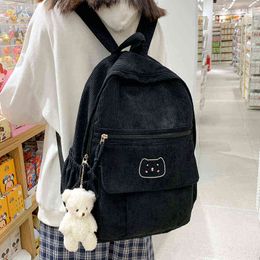 Backpack Style Baghocodo Cute Corduroy Women Solid Colour Female Student School for Teenage Girl Travel Shoulder Pack 220723