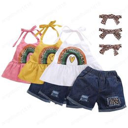 kids Clothing Sets girls outfits children rainbow Leopard Halter Tops+Hole denim Shorts+Headband 3pcs/set summer fashion Boutique baby Clothes