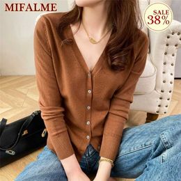 V-Neck Long Sleeve Sweater Button Cardigan for Women Knitted Top Fashion Autumn Winter Short Crop 211011