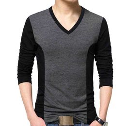 BROWON Fashion Men T-shirt Colour Patchwork Design Tee Shirt Homme Cotton Long Sleeve T Shirt Men V-neck Tshirt Homme G1229