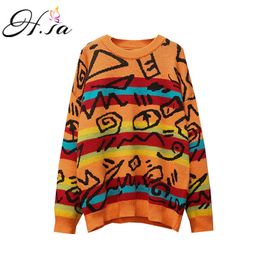 H.SA Sweater and Knitwear Women Winter Pullovers Casual Graffiti Long Oversized Jumpers Orange Blue Knit Chic Sweaters Christmas 210716