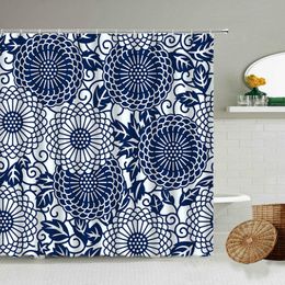 Shower Curtains Ethnic Geometric Floral Curtain Blue And White Retro Bathroom Blackout Waterproof Polyester Screen With Hook Set