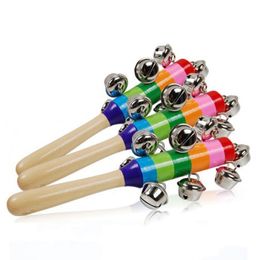 Rainbow Rattle Baby Educational Bell Vocal Party favor Kid Pram Crib Handle Wooden Activity Bells Ring Noise Maker Stick Shaker Rattles Children Gift HY0180