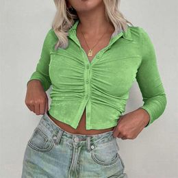 Ladies Solid Buttoned Lapel Tops Fall Summer Long Sleeve Split Crop Tops Women Slim Fit Ruched T-shirts Casual Street 3 Colors Y0629