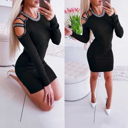 Winter Dresses Sexy Nail bead Hollow Out Long Sleeve Off Shoulder Party Bodycon Mini Women Slim Vestidos Elegantes 210526