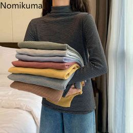 Nomikuma Striped T Shirts Women Half Turtleneck Long Sleeve Tshirts Female Casual Stylish Basic Tops Fashion Camisetas 3e096 210514