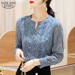 Long Sleeve Floral Pullover Blouse Spring Blue Lace Bottom Shirt Women Office Korean Style Plus Size Lady Fashion Tops 210527
