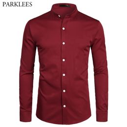 band collar shirts NZ - Wine Red Slim Fit Dress Shirts Men Brand Banded Collar Long Sleeve Chemise Homme Casual Button Down Shirt for Busienss Men S-2XL 210522