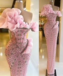 2022 Plus Size Arabic Aso Ebi Pink Luxurious Sparkly Prom Dresses Beaded Crystals Evening Formal Party Second Reception Gowns Dress ZJ444