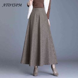 Vintage Plaid Woolen Skirts Women Winter High Waist Warm A-Line Pleated Skirt Fashion Office Elegant Maxi Skirt Femme Saia Longa 211120