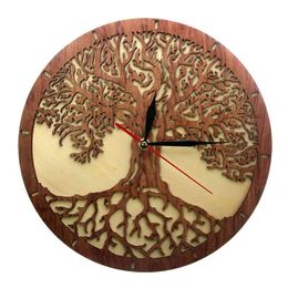 Yggdrasil Tree Of Life Wooden Wall Clock Sacred Geometry Magic Tree Home Decor Silent Sweep Kitchen Wall Clock Housewarming Gift 210325