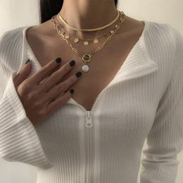 Multilayer Punk Style Metal Gold Flat Chain Necklaces Small Disc Charms Pearls Pendant Necklace For Women Female Party Jewelry Chains