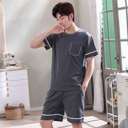 O-Neck Full Cotton Mens Summer Short Sleeve Shorts Pyjamas Set Big Size L-4XL Sleepwear Leisure Suits Nightwear Men Pijamas 210812