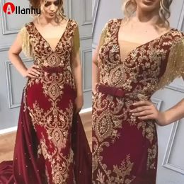 2022 Dark Red Arabic Evening Dresses with Tassel Gold Appliques Sequins Beaded Mermaid Detachable Train Evening Prom Women Gowns