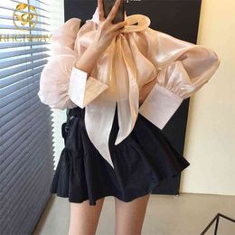 Elegant Bow Design Work Style Ol Solid Blouse Women Pullover Long Sleeve Loose Blusas Summer chiffon Shirt 210506