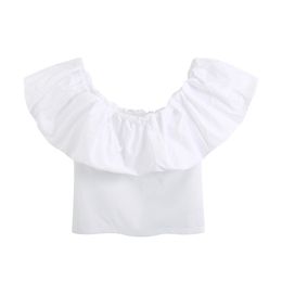 Sweet Ruffled Crop Women Blouses Fashion Slash Neck Short Sleeve Stretchy Female Shirts Blusa White Chic Tops 210430