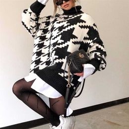 Autumn Winter Long Sleeve Oversized Sweater Women Turtleneck Black Casual Knitted Houndstooth Pullover Top Loose Jumpers 211011