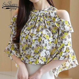 Summer Short Sleeve OL Chiffon Shirt Women Off-Shoulder Pullover Floral Loose Blouse Blusas Mujer De Moda 8982 50 210427