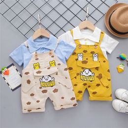 Summer 2Pcs Kids Baby Boys Clothes Set Solid T-Shirt + Cartoon Print Overalls Strap Baby Suspender Trousers Suit X0802