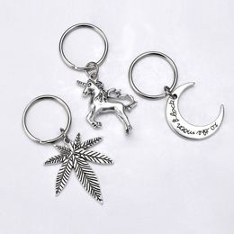 10Pieces/Lot Fashion 30mm Key Ring Metal Key Chain Keychain Jewelry Antique Silver Color Plated Maple Leaves Moon 40x35mm Pendant