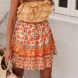 Summer style Casual women beach boho mini short skirt female Floral Printed Retro fashion print Skirt for women skirts 210514