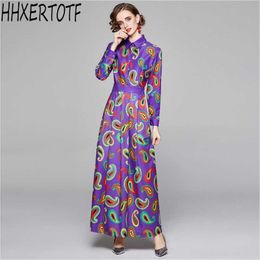 spring fashion women Turn Down Neck Runway Vintage Print Long Sleeve Party Casual maxi Dress 210531