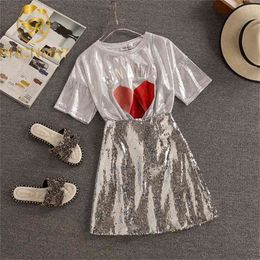 Two Piece Sets Women Love printed lette Tops + Sequins Mini Skirts Outfit Summer O Neck Bandage T Shirts Clothes 2 Pcs Suits 210506