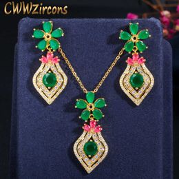 Elegante 585 oro rosso verde cz pietra fantasia fiore orecchini a goccia pendente collana gioielli set per le donne T389 210714
