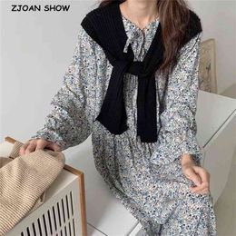 Korea Clothing Retro Small Floral Print Long Sleeve Dress Women Knitting Cape Shawl Sweet Midi Dresses 2 Pieces Set 210429