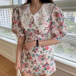 Women Vintage Casual Lace Flower Floral Print Dress Lapel Half Puff Sleeve Fashion Spring Summer 2F0429 210510