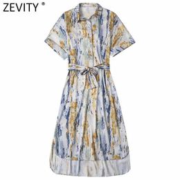 Zevity Women vintage stone texture print bow tied sahses midi dress office lady short sleeve casual vestido party Dresses DS4324 210603