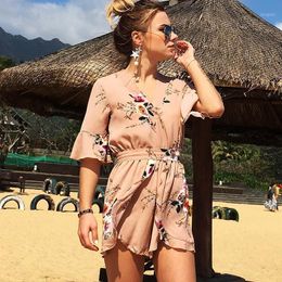 Summer Chiffon Jumpsuit Women Beach Casual Holiday Playsuits High Waist Shorts Ruffled Short Sleeve V-neck Print Rompers Women's Jumpsuits &