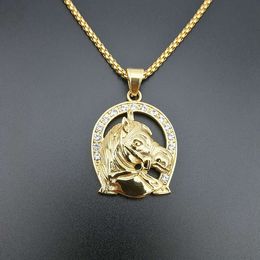 Hip Hop Pendant Necklaces Inlaid Zircon Rhinestone Bling Iced Out Stainless Steel Horse Head Pendants for Men Rapper Jewellery