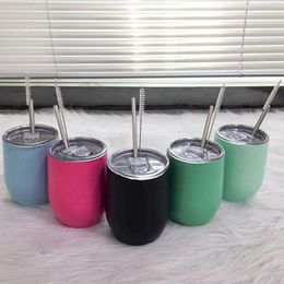 12oz Wine Tumbler Stainless Steel Insulated Coffee Cup Egg Shape Milk Mug With Straw Brush Wedding Gift 27 Colors