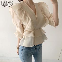 Fashion Woman's Shirt Female Vintage Ruffled Deep V-neck Silk Waist Hugging Slimming Chiffon Blouse Solid Sweet 10334 210508