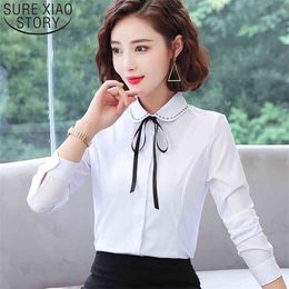 Fashion Women Chiffon Blouses Long Sleeve Bow Clothing Casual Notched Tops Office Lady 5703 50 210506