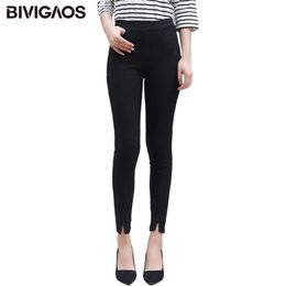 BIVIGAOS Women's High Waist Front Split Black Leggings Spring Autumn Woven Casual Legging Trousers Slim Skinny Pencil Pants 211204