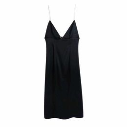 Women Midi Satin Dress Sleeveless V-neckline metal straps Sexy Party Club Woman Dress 210709