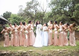 Elegant Long Rose Gold Sequin Mermaid Bridesmaid Dresses Maxi Floor Length Open Back Formal Wedding Party Gowns Custom for Women