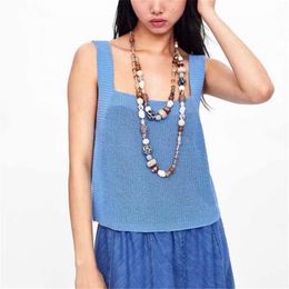 Women sexy knitted blue camis straps fashion summer V neck sleeveless backless ladies chic Golden Tanks tops 210430