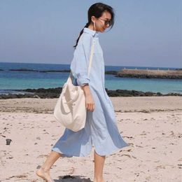 Summer Autumn Cotton Linen Loose Causal Button Big Size Blue Girl Female Simple Long Tops Shirt Blouse Beach E099 210603