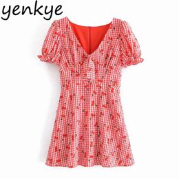Red Cherry Plaid Dress Women Bow Tie V Neck Short Sleeve A-line Mini Sweet Female Summer Vestido 210514