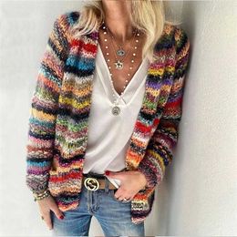 Women Elegant Multicolor Print Knitted Cardigans Sweater Autumn Winter Long Sleeve Coat Tops Ladies Casual Pocket Sweaters 211018